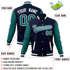 Navy Aqua Full-Snap Raglan Varsity Letterman Baseball Jacket 4