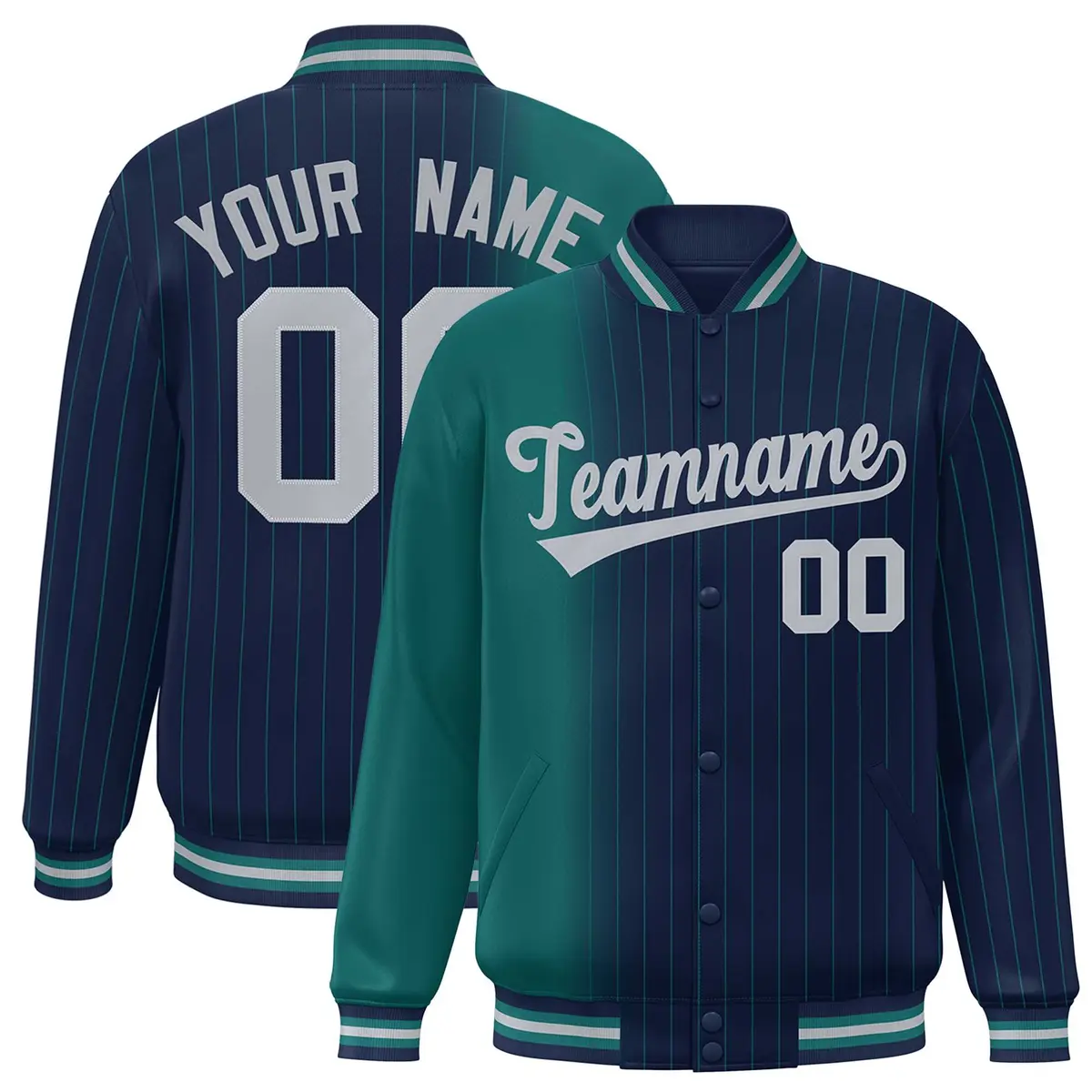 Navy Aqua Gradient Pinstripe Varsity Full-Snap Letterman Baseball Jacket