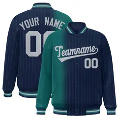 Navy Aqua Gradient Pinstripe Varsity Full-Snap Letterman Baseball Jacket