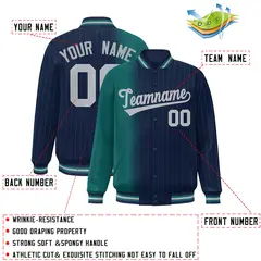 Navy Aqua Gradient Pinstripe Varsity Full-Snap Letterman Baseball Jacket 2