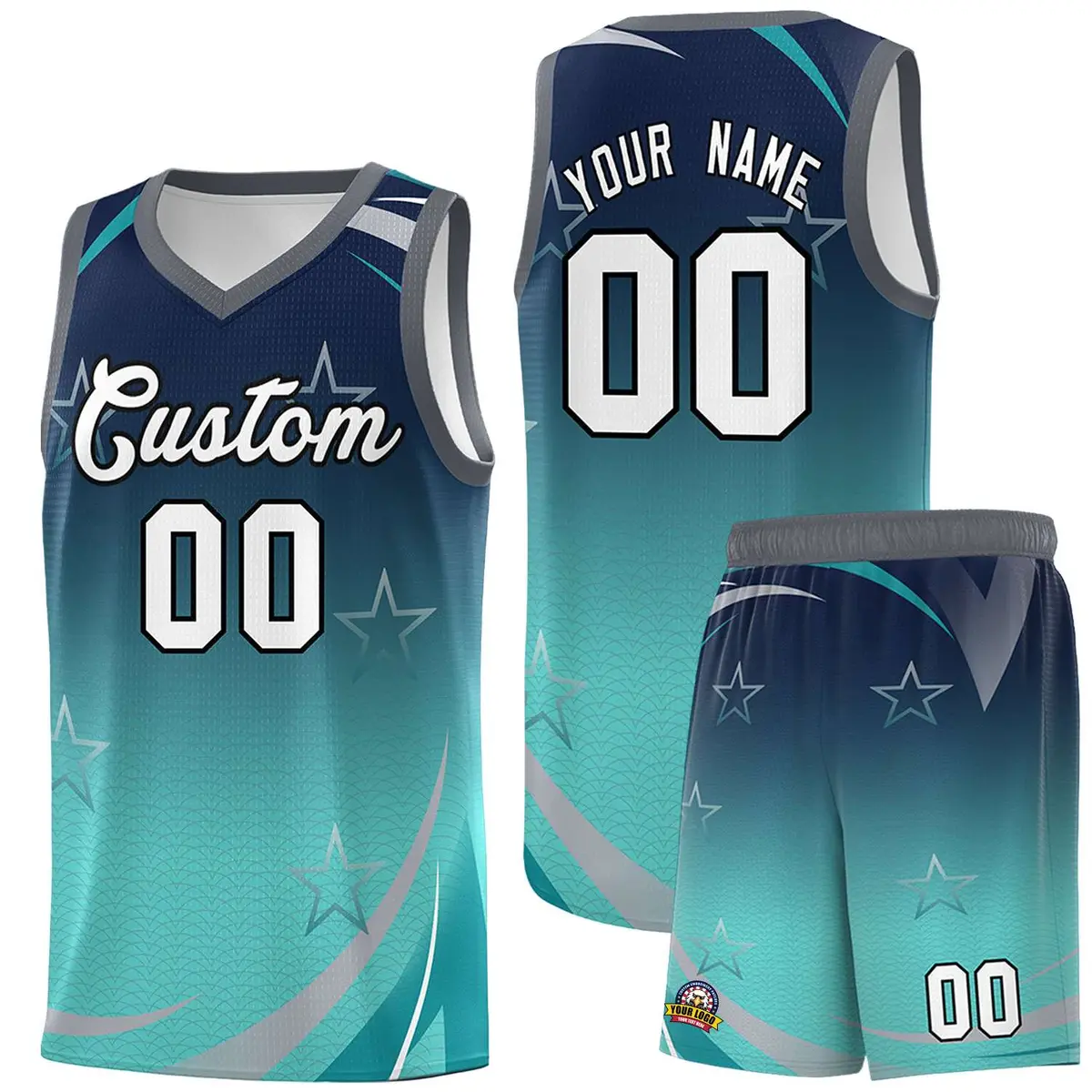 Navy Aqua Gradient Star Graffiti Pattern Basketball Jersey