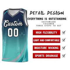Navy Aqua Gradient Star Graffiti Pattern Basketball Jersey 4
