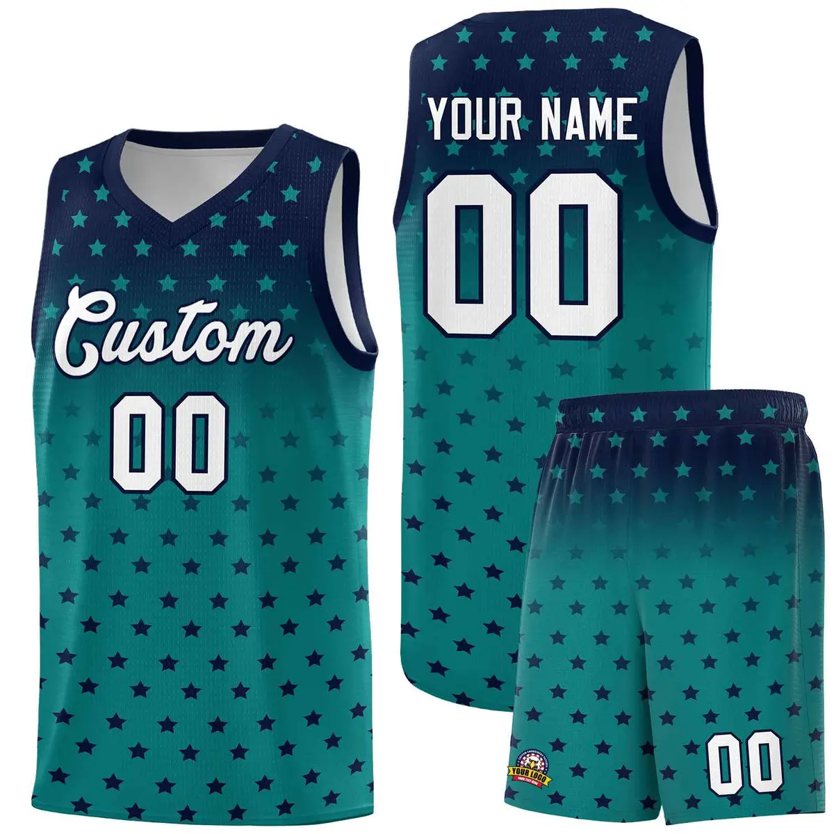 Navy Aqua Gradient Star Pattern Basketball Jersey Sets