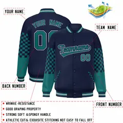 Navy Aqua-Gray Checkered Color Block Bomber Varsity Jacket 2