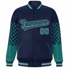 Navy Aqua-Gray Checkered Color Block Bomber Varsity Jacket 3