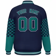 Navy Aqua-Gray Checkered Color Block Bomber Varsity Jacket 4