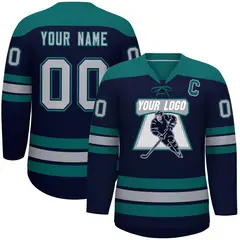 Navy Aqua Gray Classic Lace-Up Neck Hockey Jersey 1
