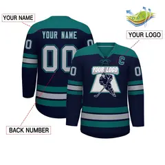 Navy Aqua Gray Classic Lace-Up Neck Hockey Jersey 2