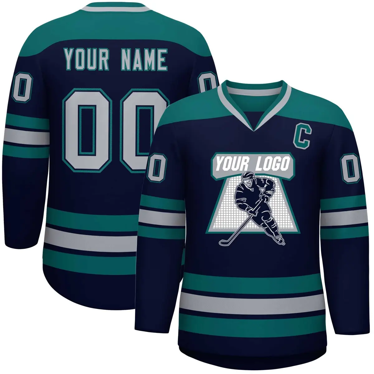 Navy Aqua-Gray Classic V-Neck Hockey Jersey