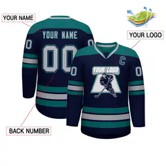 Navy Aqua-Gray Classic V-Neck Hockey Jersey 2