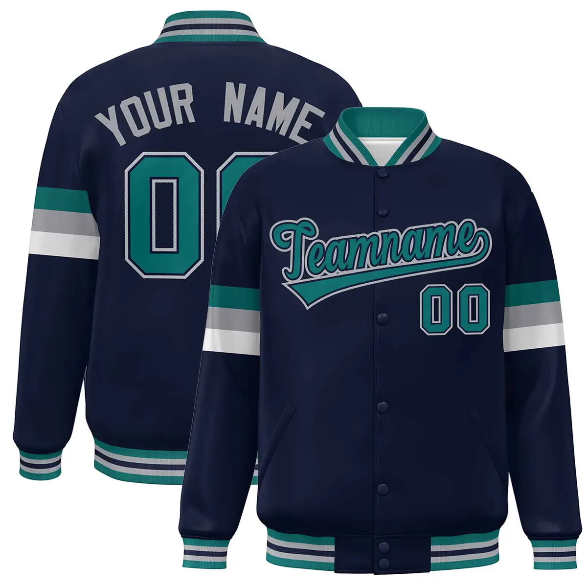 Navy Aqua-Gray Color Block Varsity Full-Snap Baseball Jacket