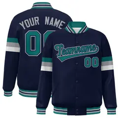 Navy Aqua-Gray Color Block Varsity Full-Snap Baseball Jacket 1