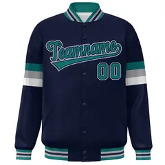 Navy Aqua-Gray Color Block Varsity Full-Snap Baseball Jacket 3