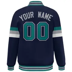 Navy Aqua-Gray Color Block Varsity Full-Snap Baseball Jacket 4