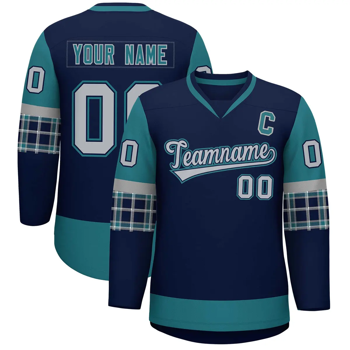 Navy Aqua-Gray Raglan Sleeves V-Neck Hockey Jersey