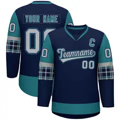 Navy Aqua-Gray Raglan Sleeves V-Neck Hockey Jersey