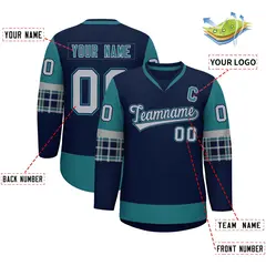 Navy Aqua-Gray Raglan Sleeves V-Neck Hockey Jersey 2