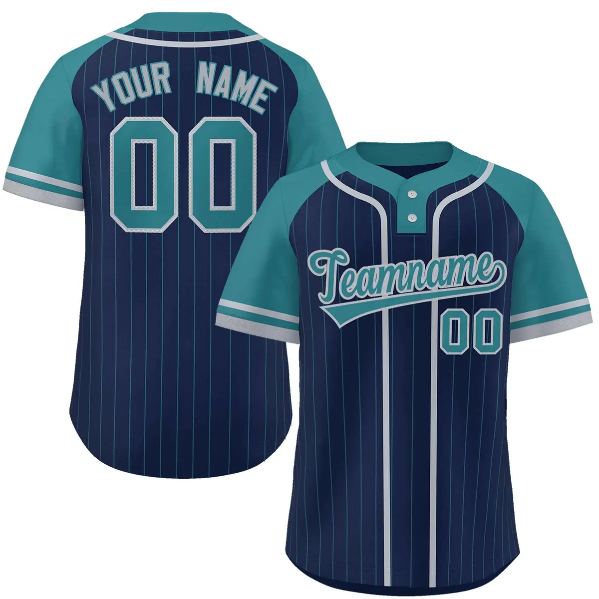 Navy Aqua-Gray Stripe Raglan Sleeves Two-Button Softball Jersey