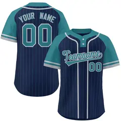 Navy Aqua-Gray Stripe Raglan Sleeves Two-Button Softball Jersey