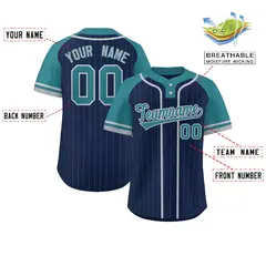 Navy Aqua-Gray Stripe Raglan Sleeves Two-Button Softball Jersey 2