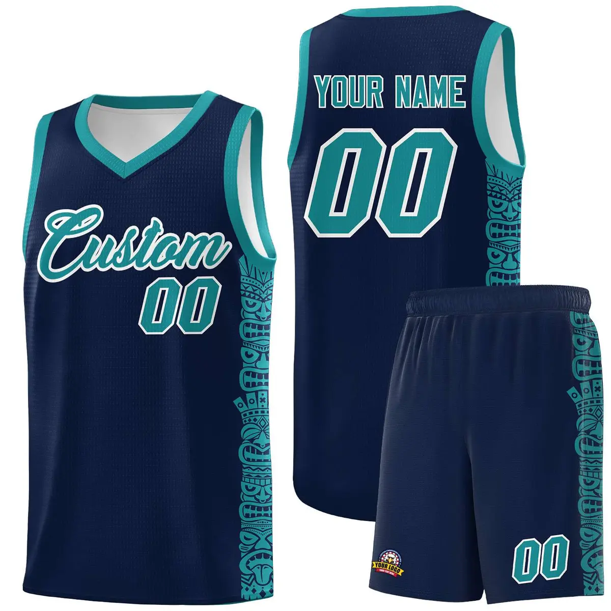 Navy Aqua Indians Pattern Basketball Uniform Jersey