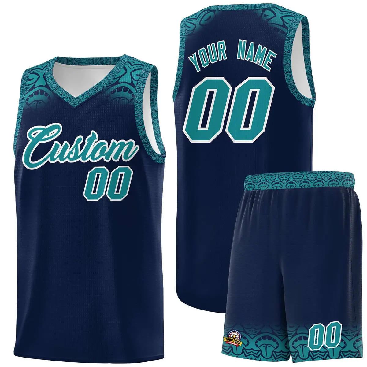 Navy Aqua Indians Print Basketball Uniform Jersey