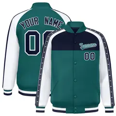 Navy Aqua K-Ribbon Color Block Full-Snap Raglan Varsity Letterman Jacket