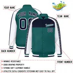 Navy Aqua K-Ribbon Color Block Full-Snap Raglan Varsity Letterman Jacket 2