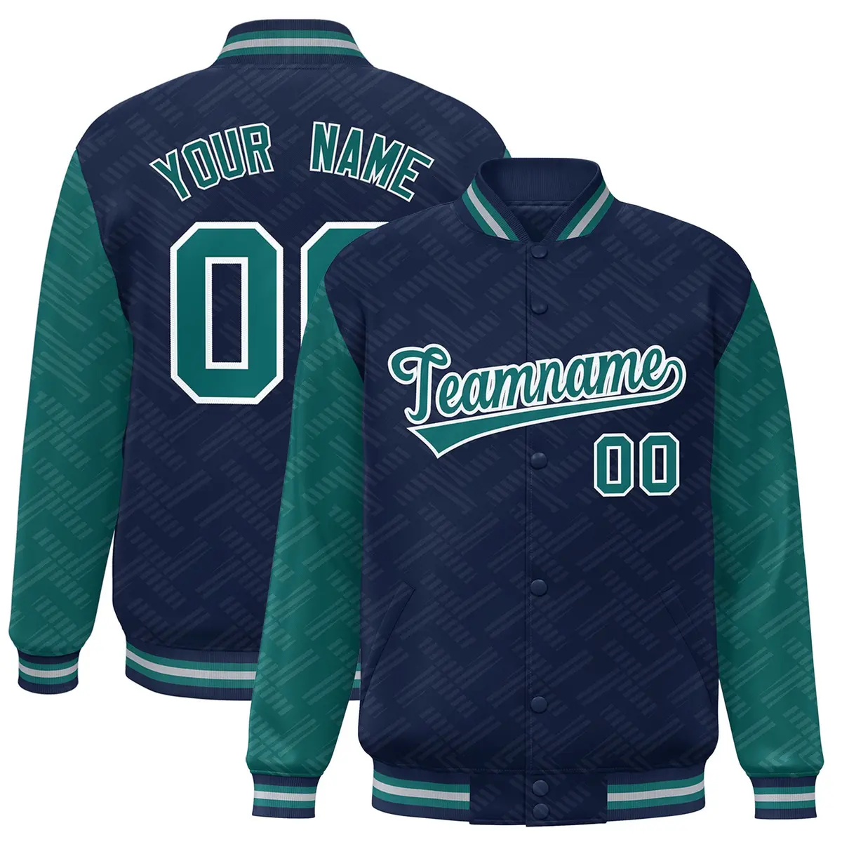 Navy Aqua L Pattern Raglan Sleeves Letterman Baseball Jacket