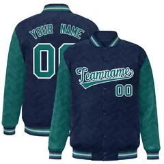 Navy Aqua L Pattern Raglan Sleeves Letterman Baseball Jacket