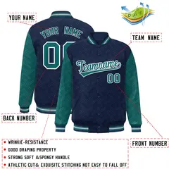 Navy Aqua L Pattern Raglan Sleeves Letterman Baseball Jacket 2