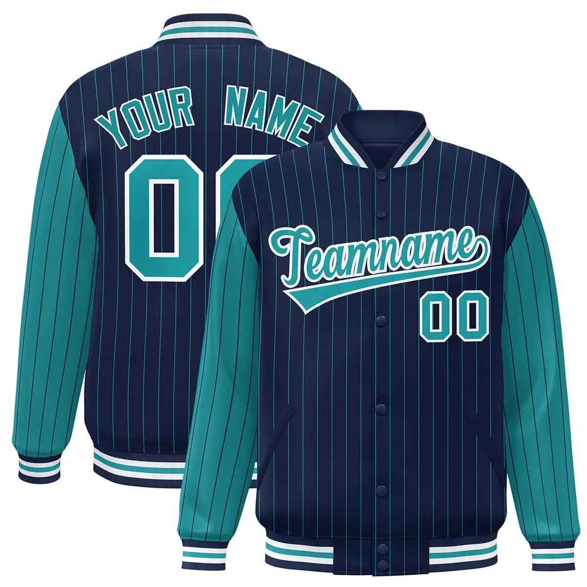 Navy Aqua Pinstripe Raglan Full-Snap Letterman Baseball Jacket