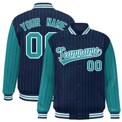 Navy Aqua Pinstripe Raglan Full-Snap Letterman Baseball Jacket