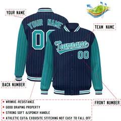 Navy Aqua Pinstripe Raglan Full-Snap Letterman Baseball Jacket 2