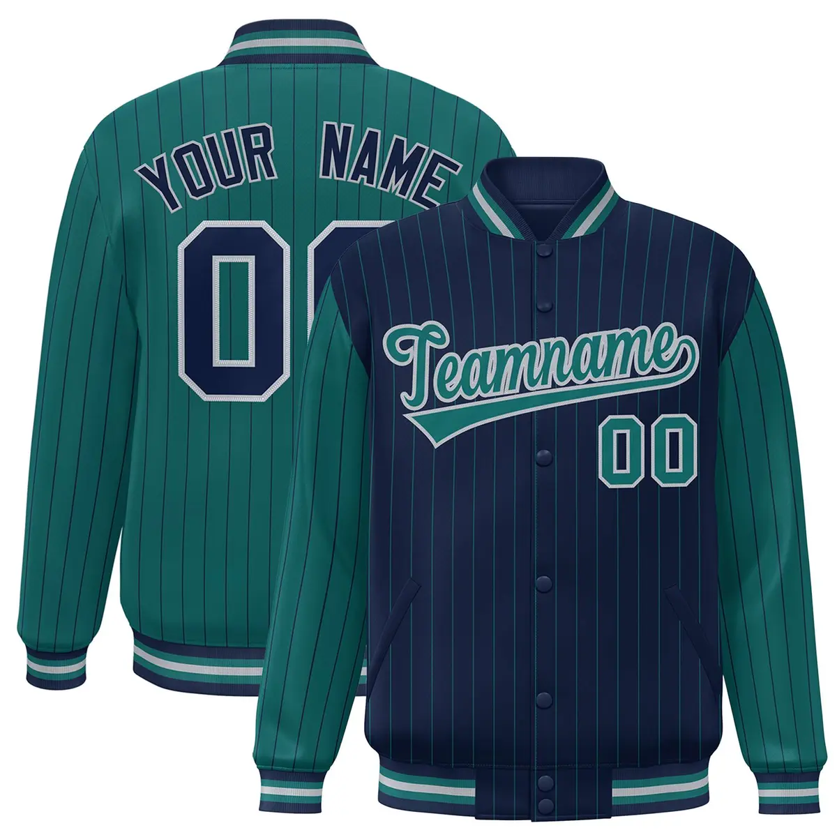 Navy Aqua Pinstripe Raglan Full-Snap Letterman Baseball Jacket