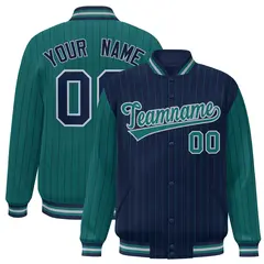 Navy Aqua Pinstripe Raglan Full-Snap Letterman Baseball Jacket 1