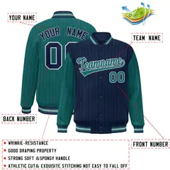 Navy Aqua Pinstripe Raglan Full-Snap Letterman Baseball Jacket 2