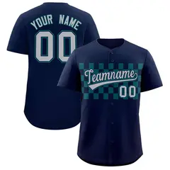 Navy Aqua Plaid Fashion Authentic Baseball Jersey 1
