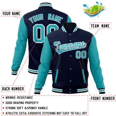 Navy Aqua Raglan Sleeves Full-Snap Varsity Letterman Baseball Jacket 4