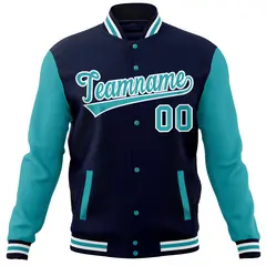 Navy Aqua Raglan Sleeves Full-Snap Varsity Letterman Baseball Jacket 5
