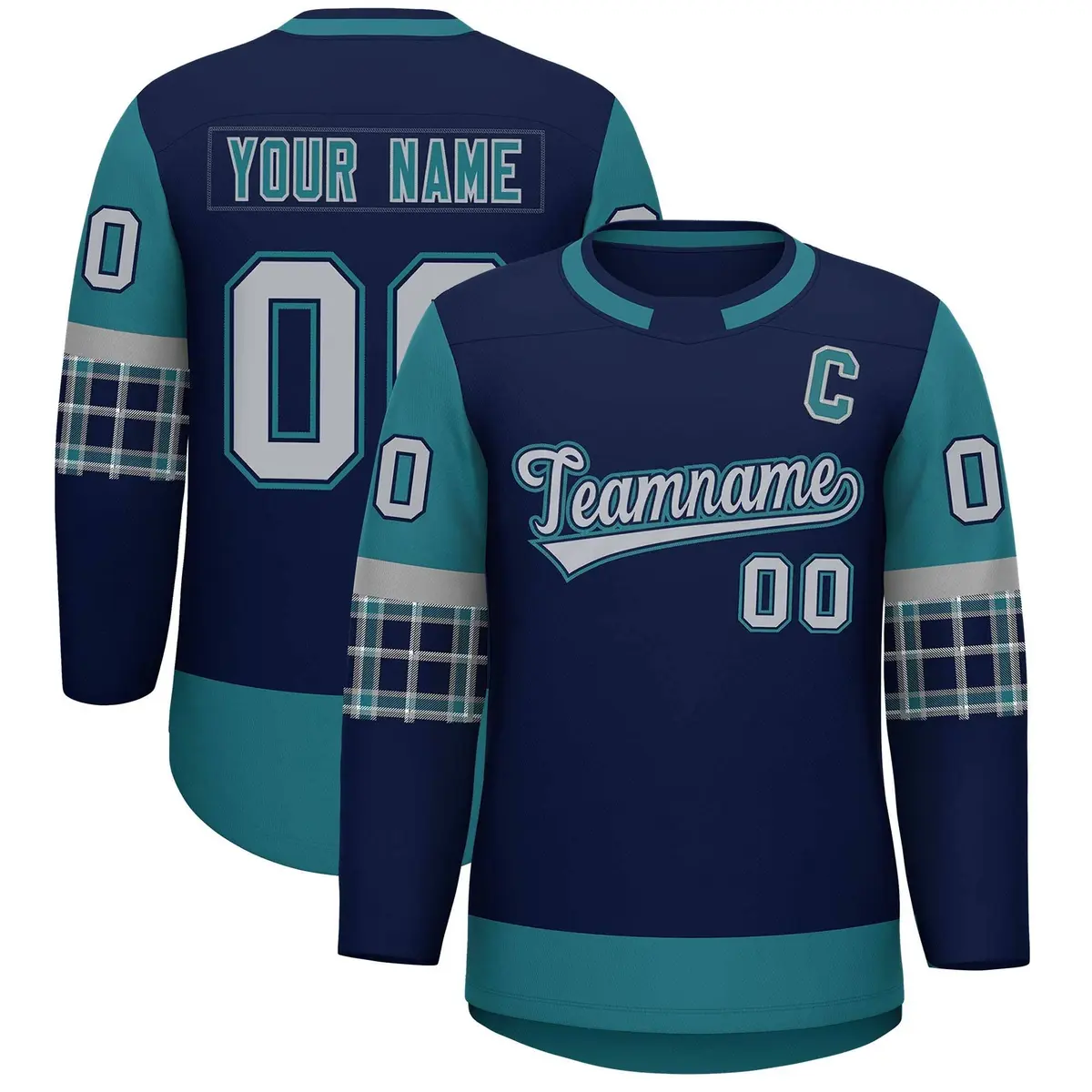 Navy Aqua Raglan Sleeves Round-Neck Hockey Jersey