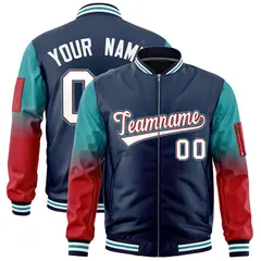 Navy Aqua-Red Gradient Full-Zip Letterman Bomber Jacket