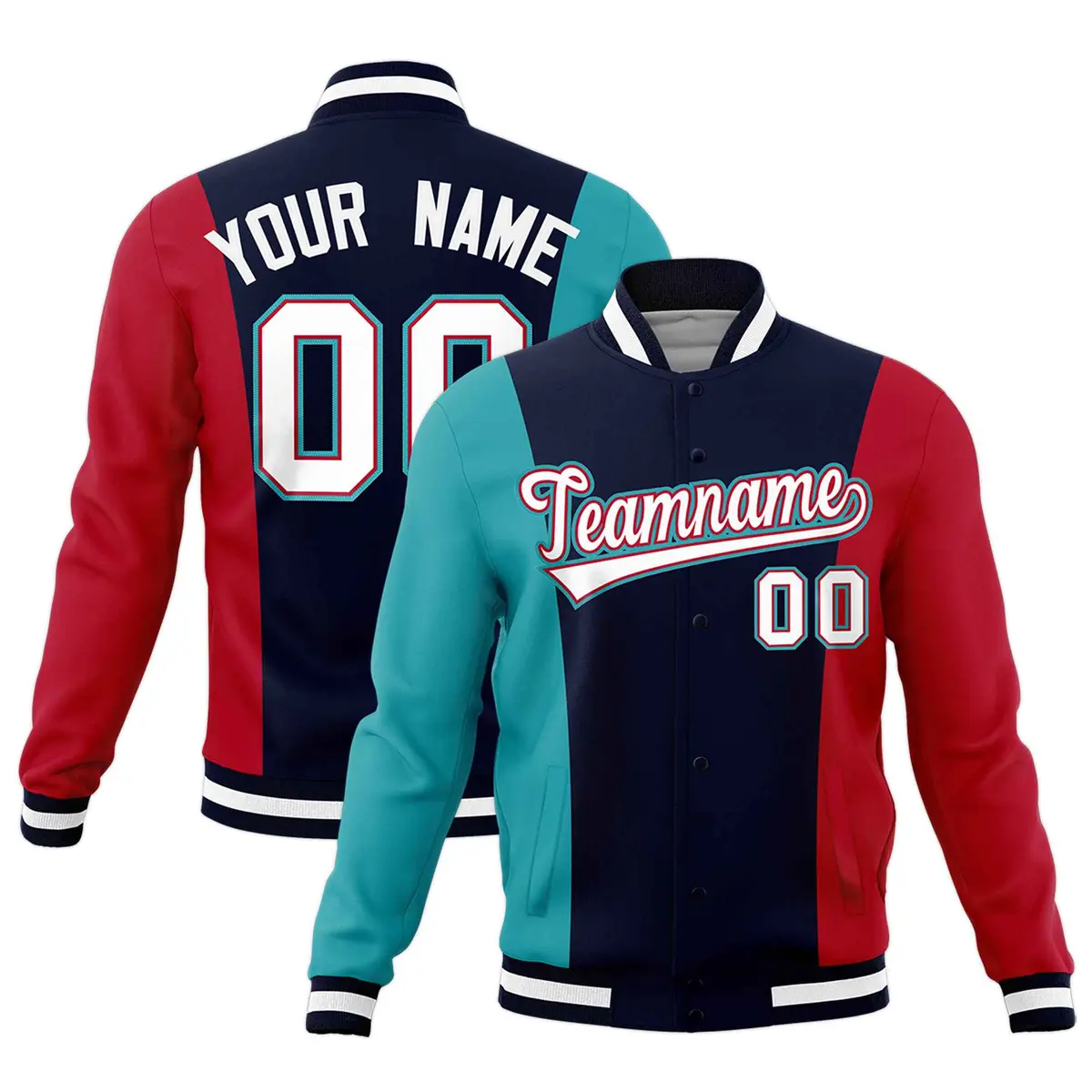Navy Aqua Red Three-Color Block Varsity Letterman Jacket