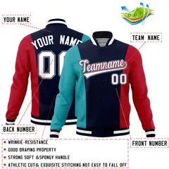 Navy Aqua Red Three-Color Block Varsity Letterman Jacket 2