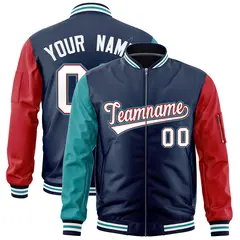 Navy Aqua Red Varsity Letterman Bomber Jacket Full-Zip Raglan Sleeves 1