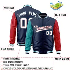 Navy Aqua Red Varsity Letterman Bomber Jacket Full-Zip Raglan Sleeves 2