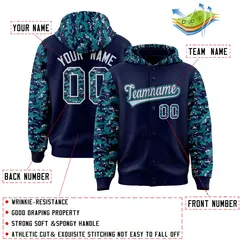 Navy Aqua-Silver Camo Raglan Full-Snap Varsity Letterman Hoodie Jacket 4
