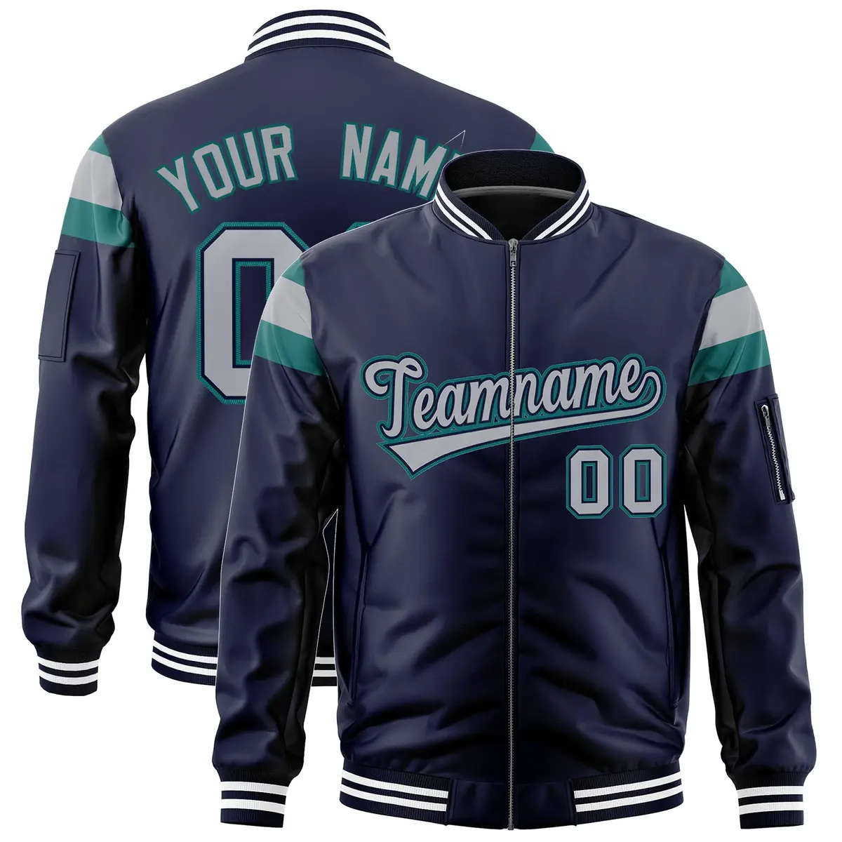 Navy Aqua-Silver Shoulder Block Varsity Letterman Bomber Jacket