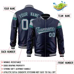 Navy Aqua-Silver Shoulder Block Varsity Letterman Bomber Jacket 2