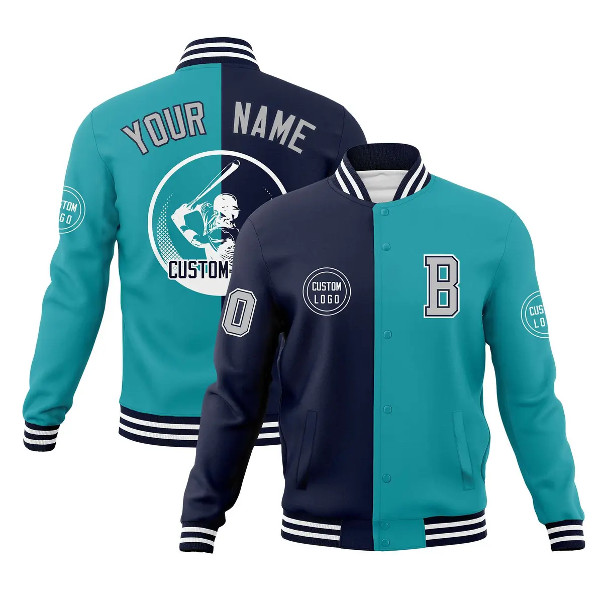 Navy Aqua Split Letterman Full-Snap Varsity Baseball Jacket
